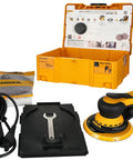 Top Tier 6 Inch Random Orbital Sander Featuring A Smooth Brushless Motor And Effective Dust Extraction Built For Rough Woodshop Jobs Drywall Sanding And Auto Detailing Comes With A Sturdy Zippered Case with accessories.