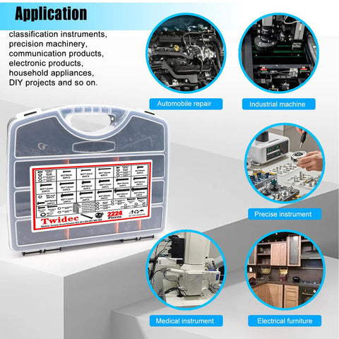 Metric Screw Assortment Kit With 2224 Pieces M2 To M8 Button Head Hex Socket Cap Screws in storage box displayed with applications.