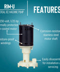 Dual Voltage RIM U Ice Machine Water Pump Replacement 115/230V 1/25 HP with labeled features and specifications