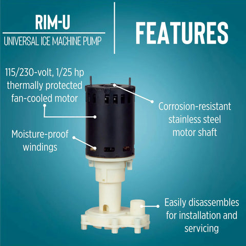 Dual Voltage RIM U Ice Machine Water Pump Replacement 115/230V 1/25 HP with labeled features and specifications