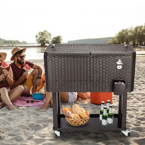 Portable Patio Cooler Bar Cart 80QT Rolling Beverage Station With Storage Shelf Lockable Wheels And Bottle Opener on beach