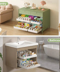 2 Pack Expandable Pull Out Cabinet Organizers With No Drill Slide Out Drawers Custom Width Setup for pantry and bathroom use.