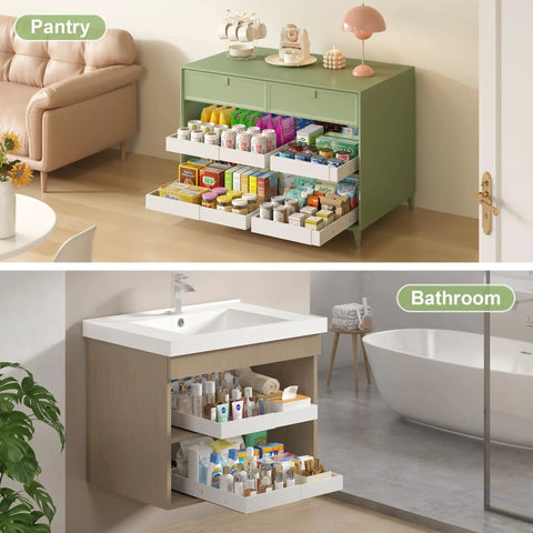 2 Pack Expandable Pull Out Cabinet Organizers With No Drill Slide Out Drawers Custom Width Setup for pantry and bathroom use.