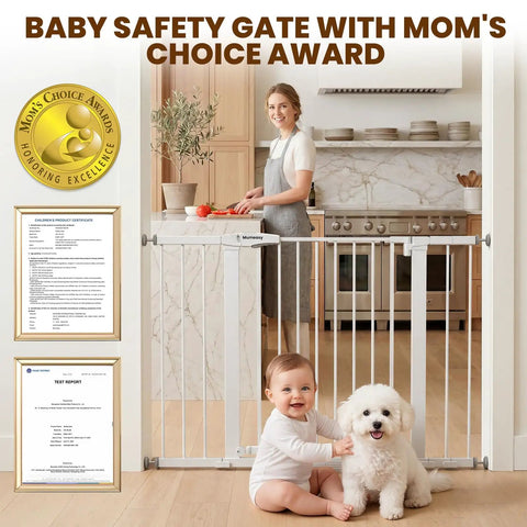 Woman in kitchen with baby and dog by extra wide baby gate for stairs and doorways 29.7 to 46 inch adjustable pressure mounted gate.