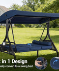 Three Seat Outdoor Porch Swing With Adjustable Canopy And 2 In 1 Convertible Bed For Backyard Blue With Cup Holder And Pillow