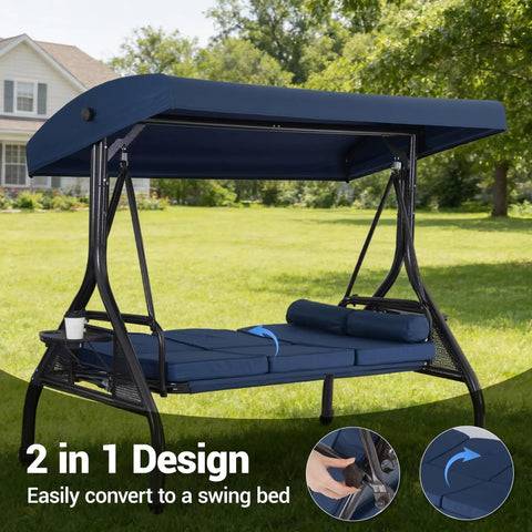 Three Seat Outdoor Porch Swing With Adjustable Canopy And 2 In 1 Convertible Bed For Backyard Blue With Cup Holder And Pillow