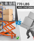Heavy Duty Hydraulic Lift Table Cart, 770 Lbs Capacity, orange scissor lift with boxes, versatile for garage and shop use.