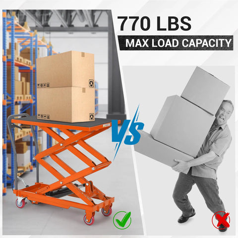 Heavy Duty Hydraulic Lift Table Cart, 770 Lbs Capacity, orange scissor lift with boxes, versatile for garage and shop use.