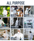 Collage of various professionals wearing Disposable Hazmat Suit 10 Pack With Hood Heavy Duty Breathable Coverall for diverse tasks.
