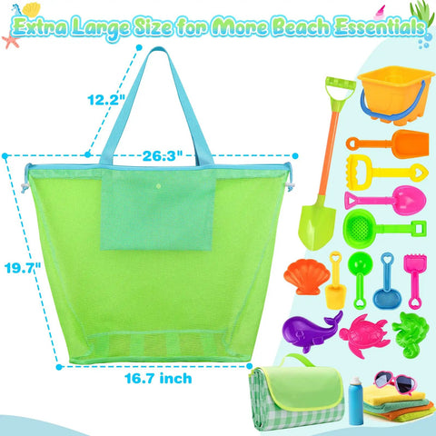 Oversized Mesh Beach Bag For Sand Toys And Pool Essentials 26 Inch Tote with colorful shovel and toys illustration