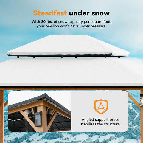 Hard Top Gazebo 10x14 With Double Galvanized Steel Roof, 4 LED Lights, Mosquito Nettings, snow-covered roof stability