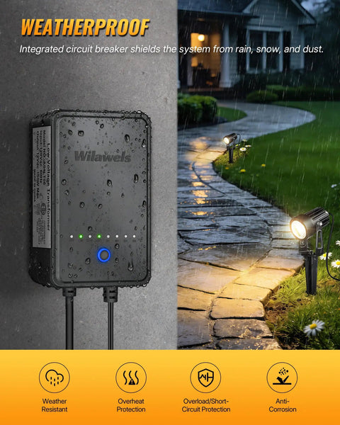 All In One LED Low Voltage Landscape Lighting Kit with 12 Aluminum 3W Lights, 60W transformer on garden pathway, rainy weather