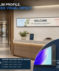 43 Inch Ultra Wide Digital Signage Display For Retail Shelves mounted on wall with slim metal body and signage showing welcome message.