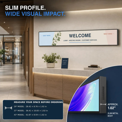 43 Inch Ultra Wide Digital Signage Display For Retail Shelves mounted on wall with slim metal body and signage showing welcome message.