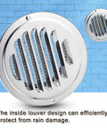 4 Inch Round Dryer Vent Covers Set Durable Stainless Steel Soffit Vents With Mesh Screen 4 Pack shown against blue brick wall