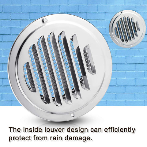 4 Inch Round Dryer Vent Covers Set Durable Stainless Steel Soffit Vents With Mesh Screen 4 Pack shown against blue brick wall
