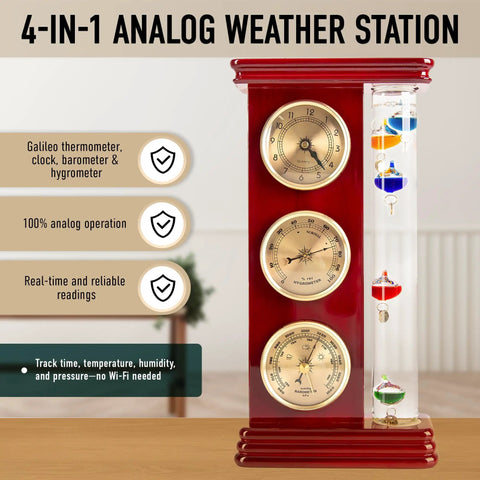 Dope Analog Weather Station With Galileo Thermometer Barometer Hygrometer And Quartz Clock For Indoor Outdoor Use displayed on table