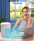 Woman using Personal Mini Air Conditioner Fan With 1200ml Water Tank 4 In 1 Evaporative Cooler 2 Modes 3 Speeds Night Lights Portable AC