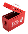 USA Made Portable Steel Group Lockout Tagout Box for Lockouts and Keys, Durable Lock Box Holds Up to 13 Padlocks, Red, Open View