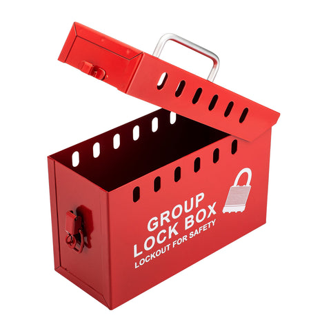 USA Made Portable Steel Group Lockout Tagout Box for Lockouts and Keys, Durable Lock Box Holds Up to 13 Padlocks, Red, Open View