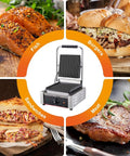 Top Rated Kuybtu Electric Grill 1800W 3600W Panini Maker Stainless Steel in use with fish, burgers, meat, and sandwiches.