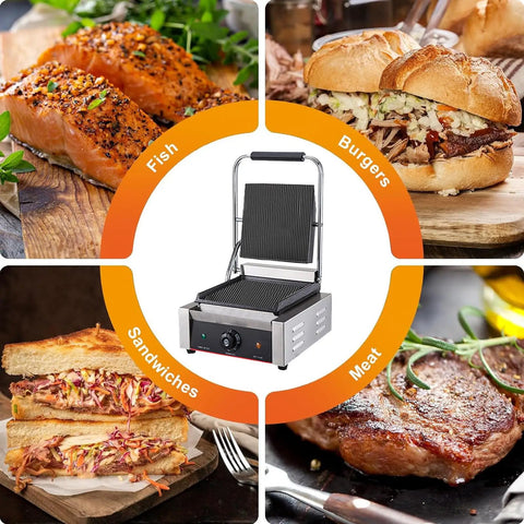 Top Rated Kuybtu Electric Grill 1800W 3600W Panini Maker Stainless Steel in use with fish, burgers, meat, and sandwiches.