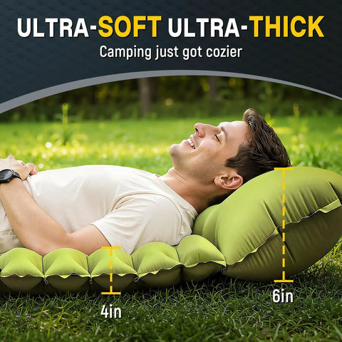 Person relaxing on Ultralight Camping Pad With Built In Pump Waterproof Air Mattress For Backpacking And Hiking