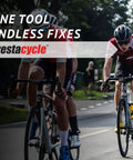 Cyclists riding with PrestaCycle logo, highlighting 4 In 1 Bike Tire Lever Tool Set For Road And Tubeless Rims Tire Remover And Installer
