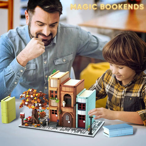 Father and child building Magical House Bookend Kit With Over 1400 Building Blocks DIY Miniature House Model for bookshelf