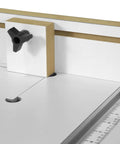Close-up of 24x12 Inch Drill Press Table With Adjustable Fence And Stop Block Boosts Your Workspace By 275 Square Inches Fits Drill Press Tables From 5 To 16 Inches Wide Compatible With Most Drill Press Models showing adjustable stop block and measurement guide.
