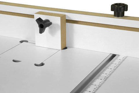 Close-up of 24x12 Inch Drill Press Table With Adjustable Fence And Stop Block Boosts Your Workspace By 275 Square Inches Fits Drill Press Tables From 5 To 16 Inches Wide Compatible With Most Drill Press Models showing adjustable stop block and measurement guide.