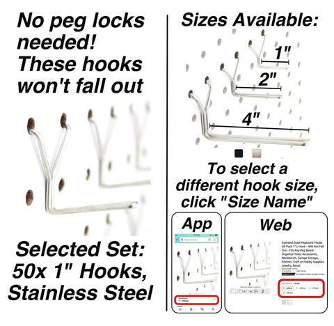 Stainless Steel Pegboard Hooks 50-Pack 1 Inch Long Will Not Fall Out Universal Fit For Any Pegboard Organize Tools Garage Kitchen Crafts Jewelry Retail Displays