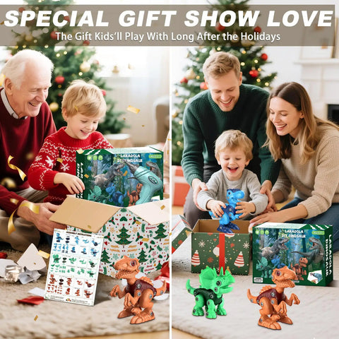 Family opening Take Apart Dinosaur Toys For Kids Aged 3 To 8 STEM Construction Building Kit with Electric Drill on Christmas.