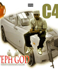 Collage with a man on a convertible car, woman in dress, and objects like doves and a gun with 'TEPH GOD' text overlay.