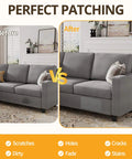 Comparison of couch before and after using Heavy Duty Self Adhesive Fabric Repair Tape For Couch And Jeans 4 By 80 Inch Black No Sew Patch Kit.