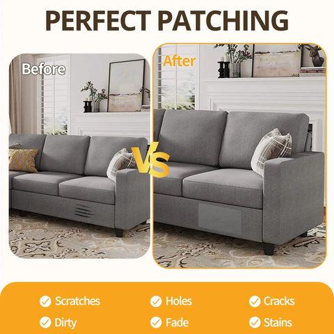Comparison of couch before and after using Heavy Duty Self Adhesive Fabric Repair Tape For Couch And Jeans 4 By 80 Inch Black No Sew Patch Kit.