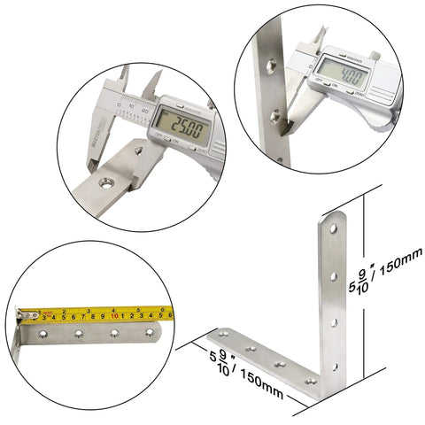 Heavy Duty 6x6 Inch Right Angle Shelf Brackets, 4mm Thick Stainless Steel Corner Braces in Brushed Nickel with measuring tools