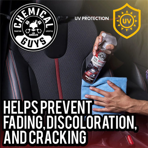 All In One Interior Cleaner And Protectant With Black Cherry Scent, 16 Oz, Safe On Leather, Vinyl, Plastic, Rubber And Glass, Cleans, Protects, And Refreshes Dash, Doors, And Panels For A Factory Clean Look And Fresh Car Vibe on car seat, UV protection