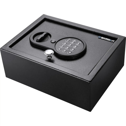 Digital Keypad Safe Box With Solid Steel Construction 0.15 Cu Ft Top Opening Drawer Safe For Home And Office Deadbolts Quick Access