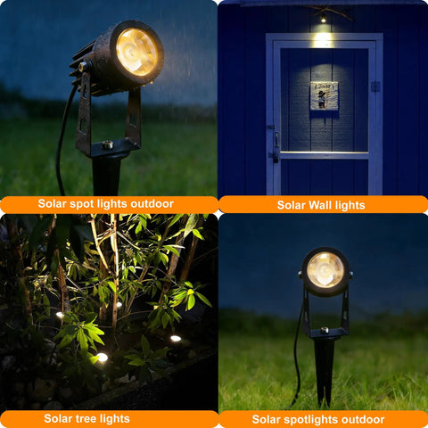 Solar Powered Cast Aluminum Warm White LED Spotlight for outdoor garden lighting displaying uplight and downlight effects