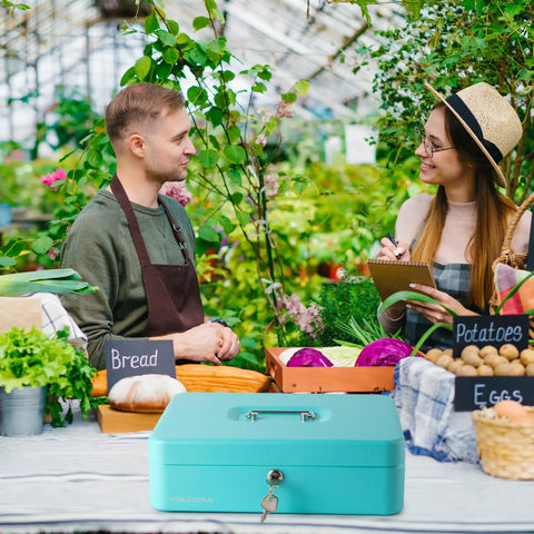Heavy Duty Locking Cash Box With Key Lock And Built In Money Tray Portable Metal Cash Safe in use at a farmer's market