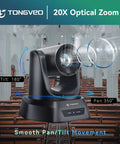 Crystal Clear 4K AI PTZ Camera with 20X Optical Zoom for church, featuring 180° tilt and 350° pan, HDMI USB3 LAN PoE ready.