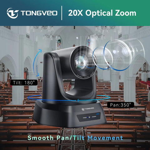 Crystal Clear 4K AI PTZ Camera with 20X Optical Zoom for church, featuring 180° tilt and 350° pan, HDMI USB3 LAN PoE ready.