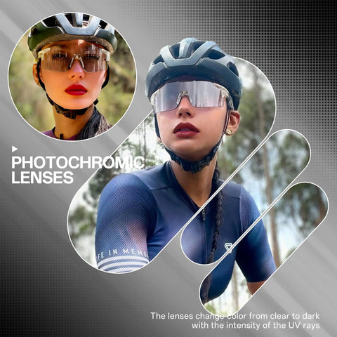 Photochromic Cycling Glasses For Men And Women Ride Ready Sports Sunglasses With UV400 Protection TR90 Frame on woman outdoors