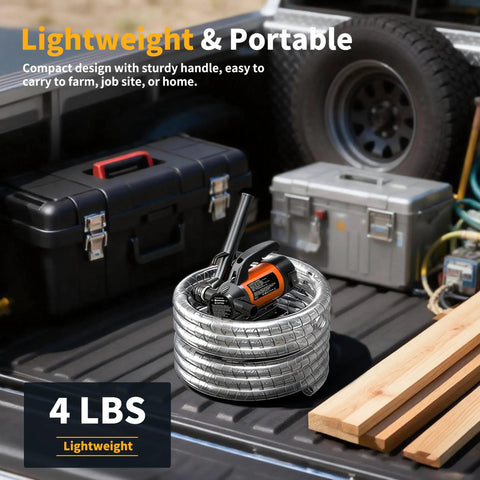 Heavy Duty 12V Electric Fuel Pump Kit Featuring A Slick 15 Gallon Per Minute Flow Rate For Fast Diesel Fuel Transfer On The Jobsite Without Any Stress on truck bed with toolbox.
