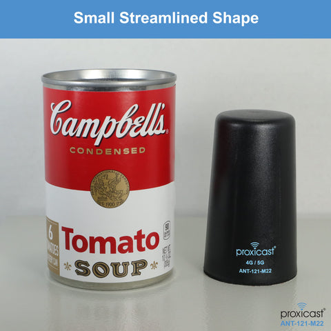 Straight Plug N Go 4G And 5G MIMO Wireless Antenna With Low Profile Panel Mount Setup Heavily Reinforced For Tough Outdoor Use And Flawless Signal Coverage Over Snappy 10 Foot Coax Connections next to Campbell's tomato soup can.