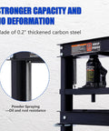 Heavy Duty Hydraulic Shop Press With Adjustable Benchtop Table and Solid H Frame Steel Construction features 20 ton capacity and thickened carbon steel.