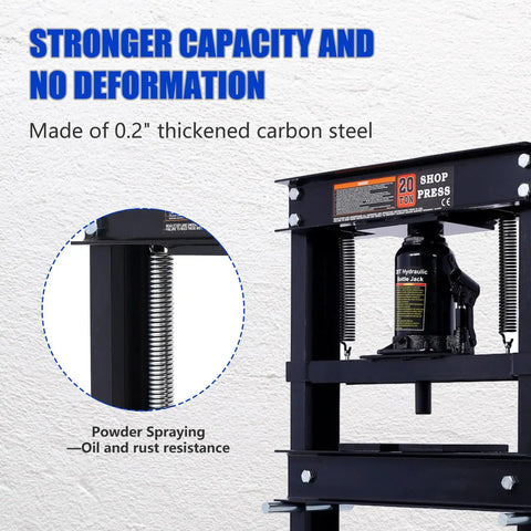 Heavy Duty Hydraulic Shop Press With Adjustable Benchtop Table and Solid H Frame Steel Construction features 20 ton capacity and thickened carbon steel.