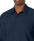 Men's Regular Fit Long Sleeve Industrial Work Shirt In Solid Navy With Slick Moisture Wicking Fabric And Quick Dry Tech, close-up of collar and pockets.