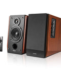 R1700BTs Wireless Bluetooth Bookshelf Speakers with AptX HD and sub output, wood finish, front and side view with remote